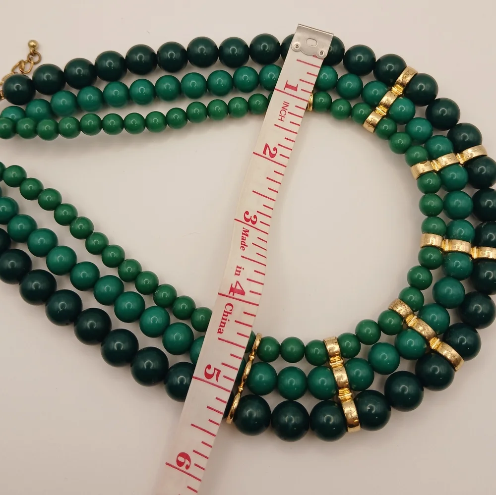 Green Triple Beaded Necklace‎ With Matching Earrings